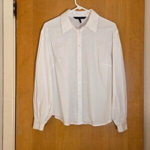 WHBM Button Up Blouse Shirt Womens 12 White Cotton Blend Minimalist Puff Sleeve